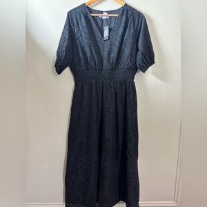 White House Black Market  Midi Eyelet smoked waist midi v-neck dress size M